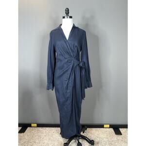 Magaschoni Blue Tie Waist Linen Collared Long Sleeve Midi Wrap Dress Size 4 NWT
